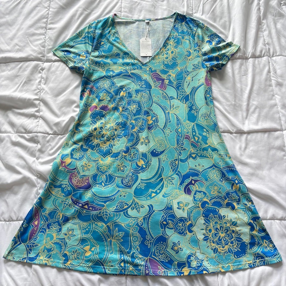 NWT Mandala V-Neck A-Line Midi Dress Blue Turquoise Boho Short Sleeve XL Hippie
